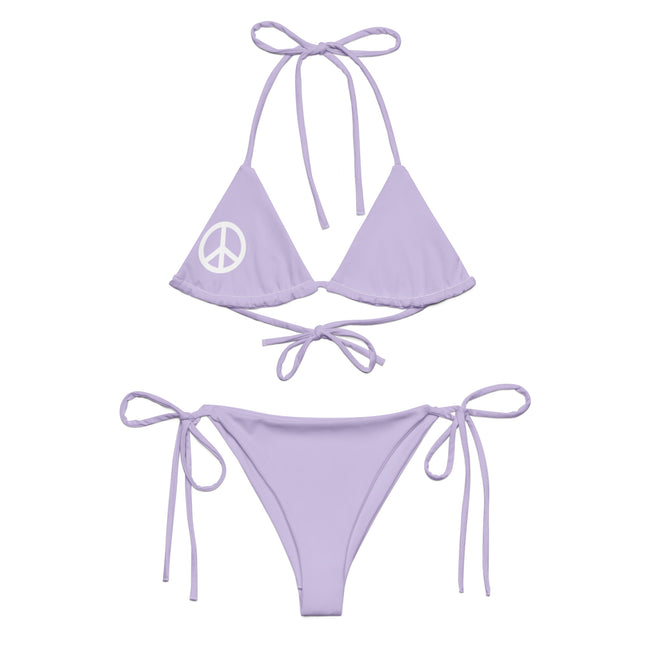 A purple string bikini set with a peace sign on the top and double-layered design, including a bikini top with removable padding and a matching pair of bikini bottoms.
