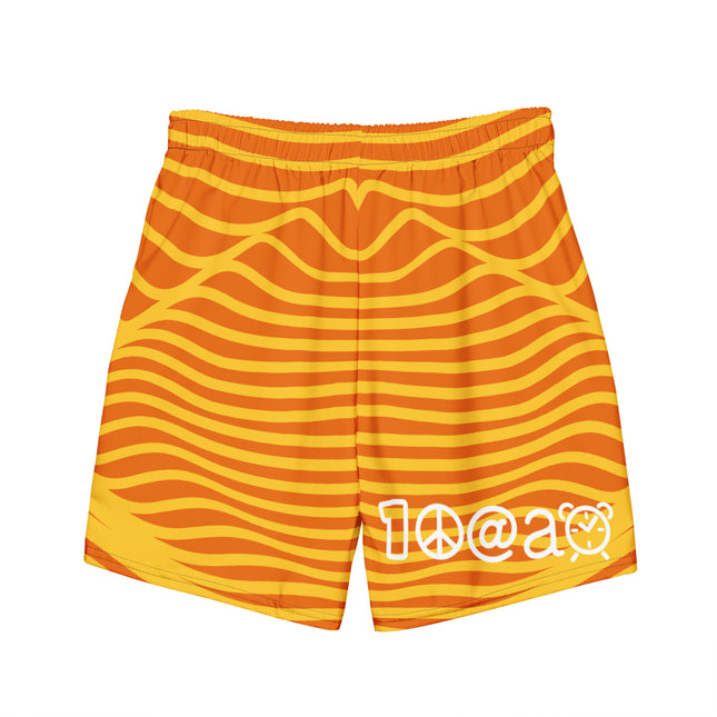Men's swim trunks with an orange and yellow striped pattern, featuring multiple pockets and a drawstring waistband.