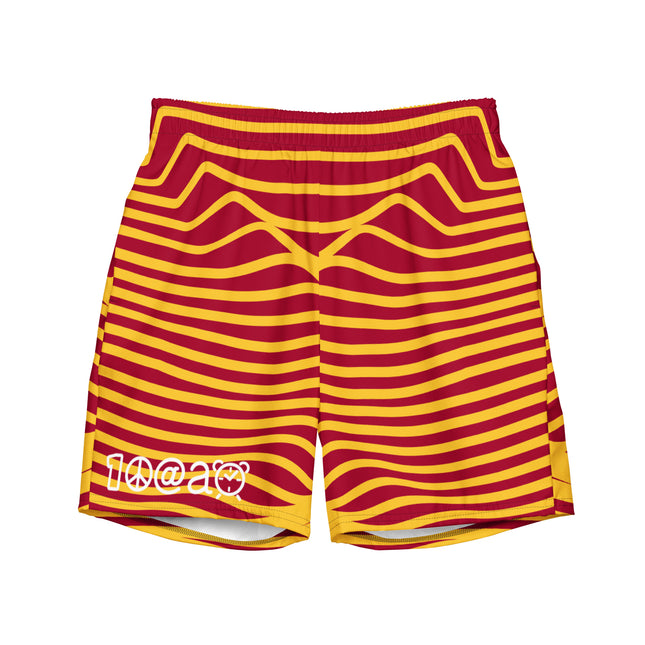 Men's swim trunks with red and yellow stripes and a brand logo on the right leg.