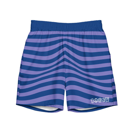 Men's swim trunks in blue with purple stripes, featuring a brand logo on the right leg.