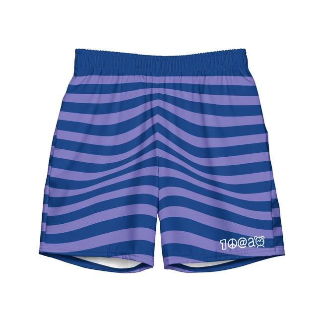 Men's swim trunks in blue with purple stripes, featuring a brand logo on the right leg.