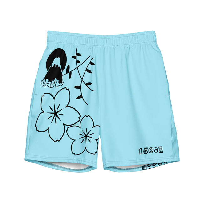 Men's swim trunks in blue with a black and white floral design, including a drawstring waistband and mesh pockets.